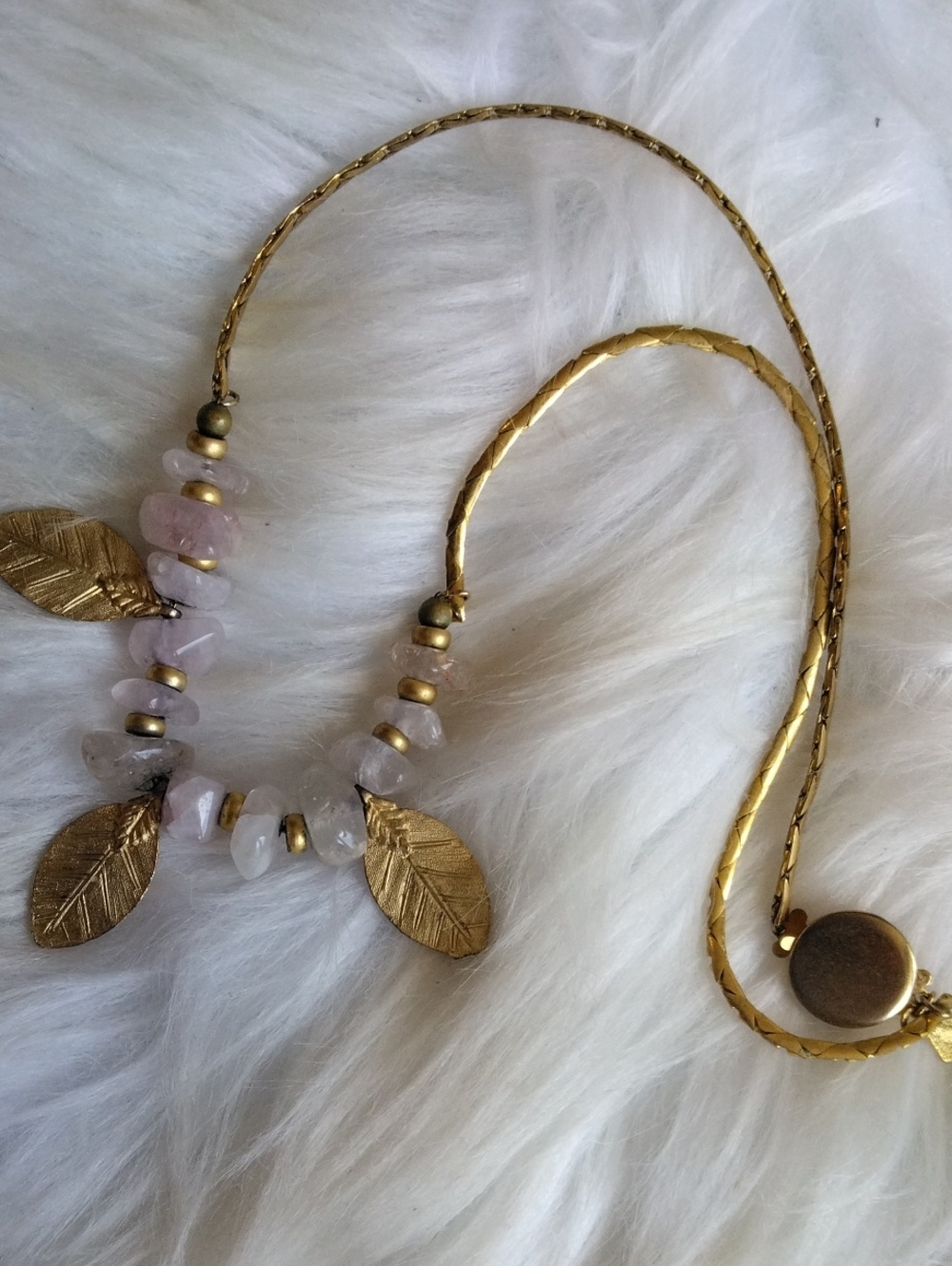 Vintage Gold Tone Leaf & Rose Quartz Necklace - Elegant Women’s Jewelry